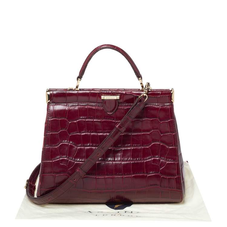 Pre Owned Aspinal Of London Maroon Croc Embossed Leather Top Handle Bag