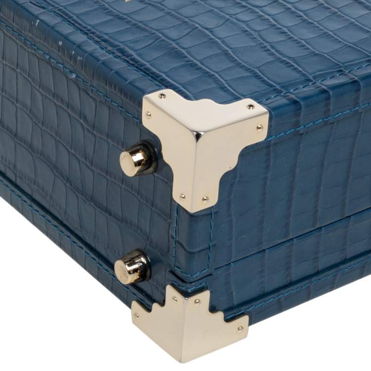 Pre Owned Aspinal of London Blue Croc Embossed Leather Mini Trunk Top Handle Bag