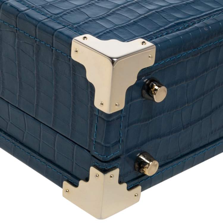 Pre Owned Aspinal of London Blue Croc Embossed Leather Mini Trunk Top Handle Bag