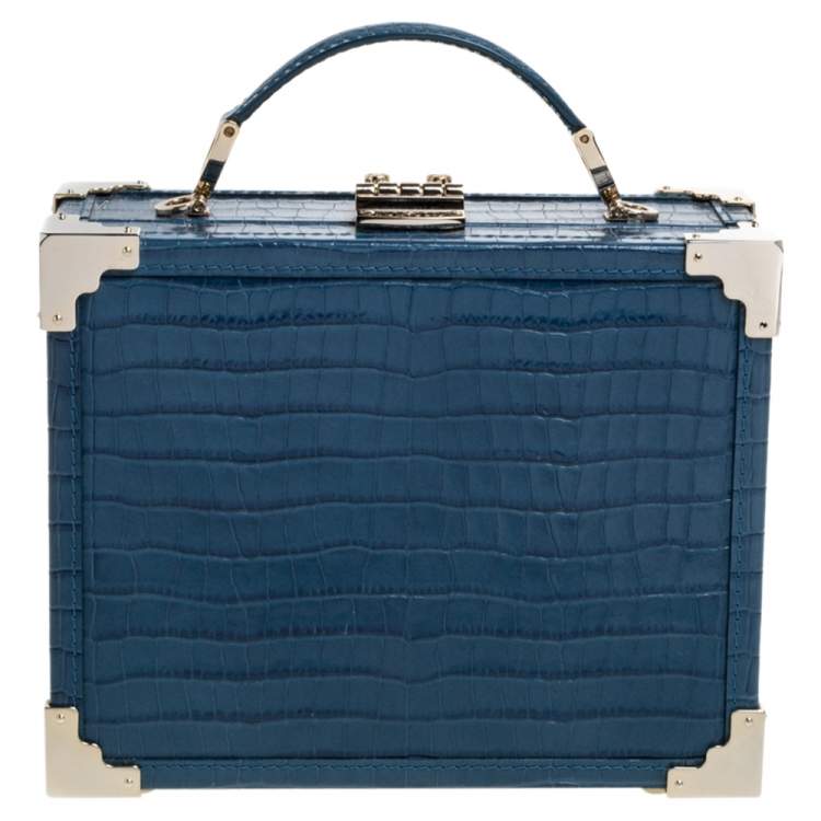 Pre Owned Aspinal of London Blue Croc Embossed Leather Mini Trunk Top Handle Bag