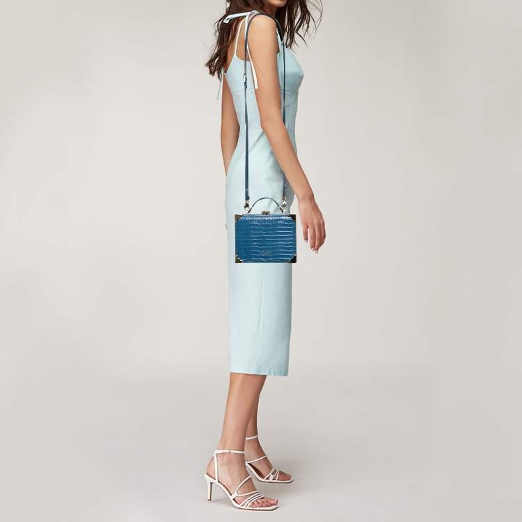 Pre Owned Aspinal of London Blue Croc Embossed Leather Mini Trunk Top Handle Bag