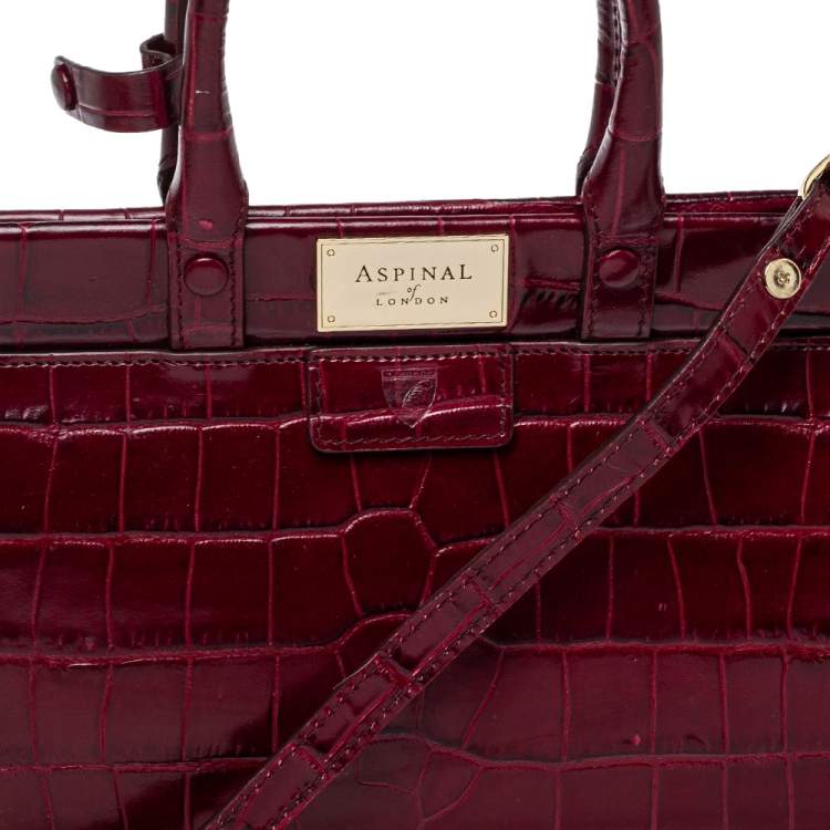 Pre Owned Aspinal Of London Burgundy Croc Embossed Leather Small Florence Snap Tote