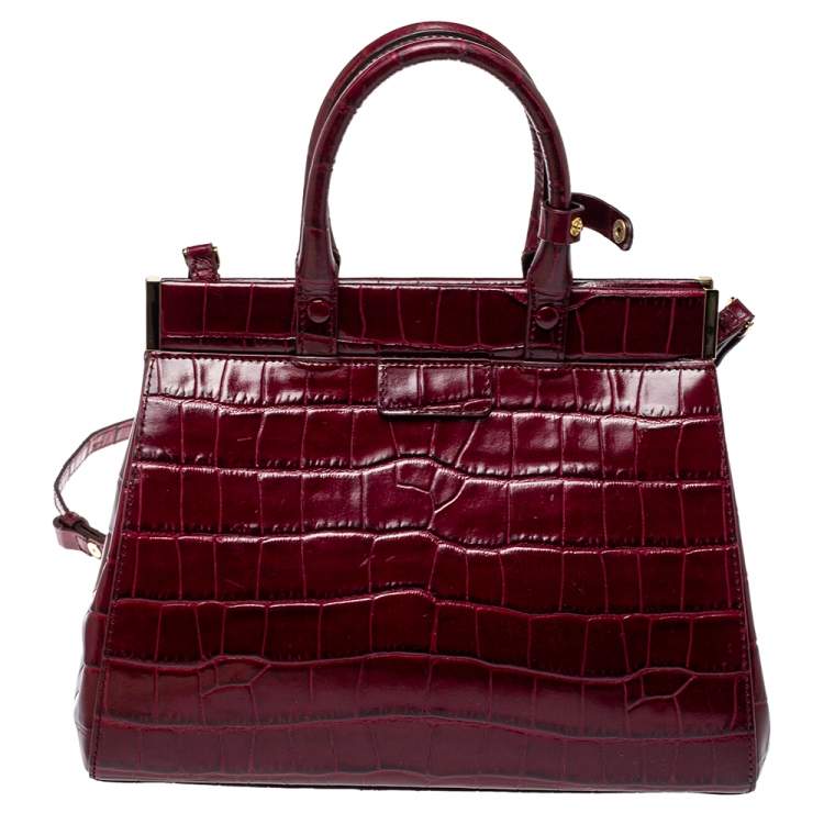 Pre Owned Aspinal Of London Burgundy Croc Embossed Leather Small Florence Snap Tote