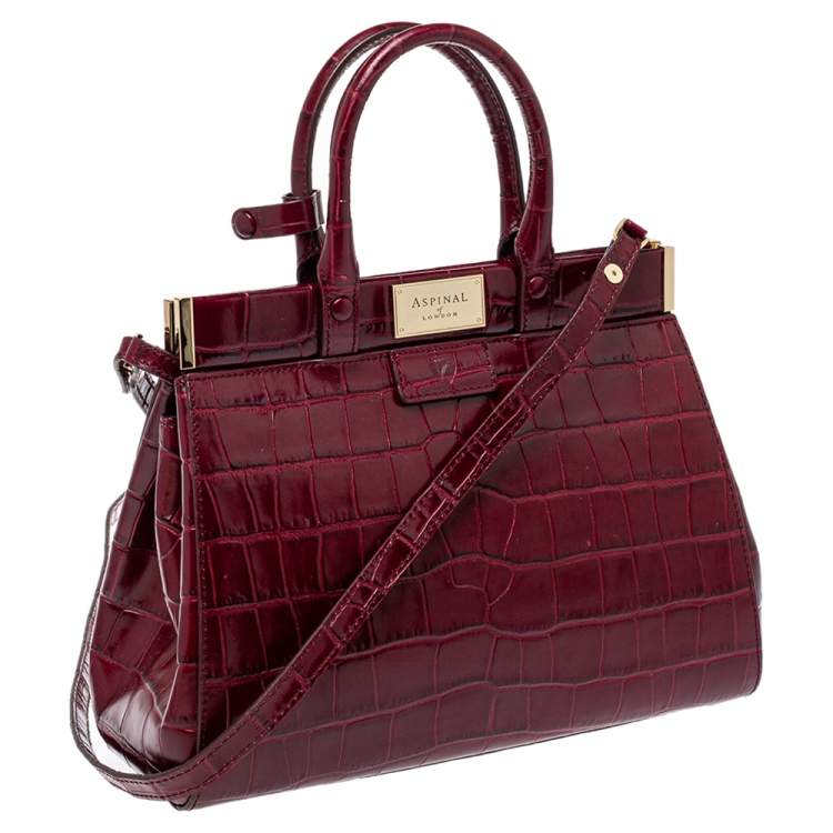 Pre Owned Aspinal Of London Burgundy Croc Embossed Leather Small Florence Snap Tote