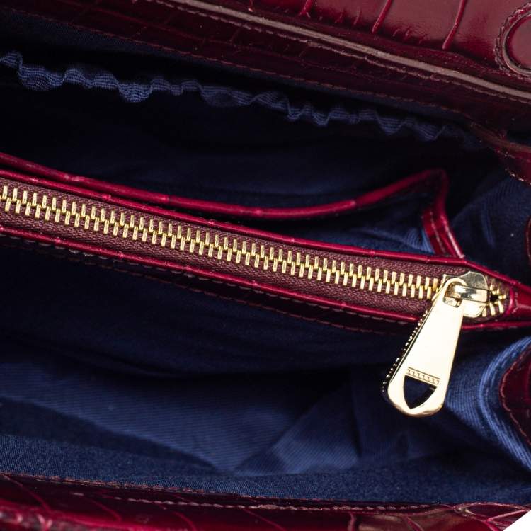 Pre Owned Aspinal Of London Burgundy Croc Embossed Leather Small Florence Snap Tote