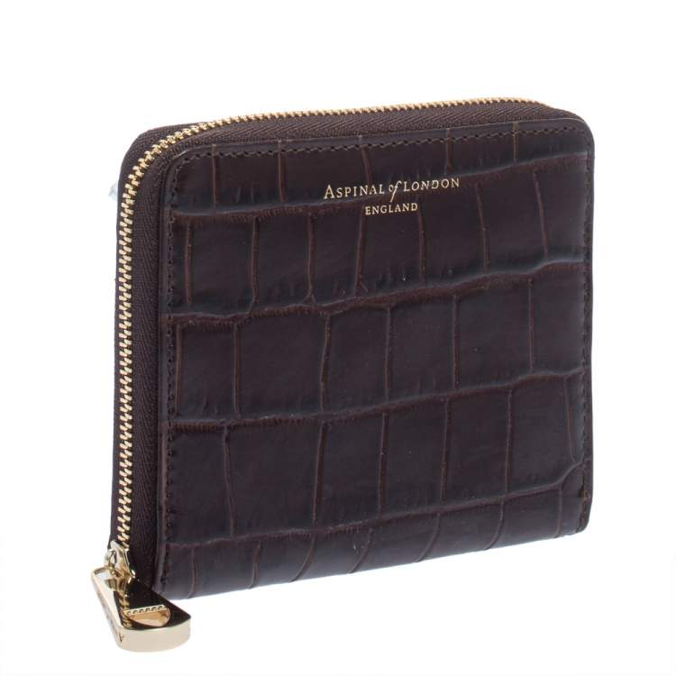 Pre Owned Aspinal of London Dark Brown Croc Embossed Leather Zip Around Compact Wallet