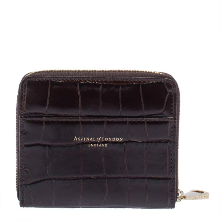 Pre Owned Aspinal of London Dark Brown Croc Embossed Leather Zip Around Compact Wallet
