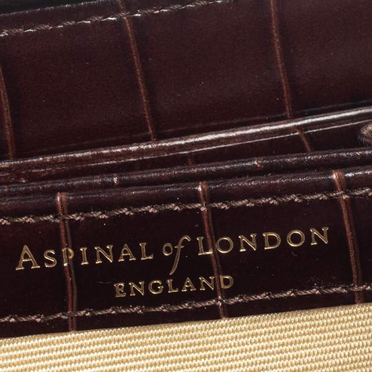 Pre Owned Aspinal of London Dark Brown Croc Embossed Leather Zip Around Compact Wallet