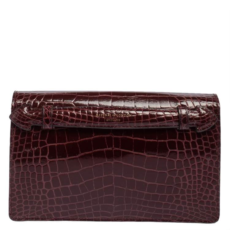 Pre Owned Aspinal of London Burgundy Croc Embossed Leather Ava Shoulder Bag