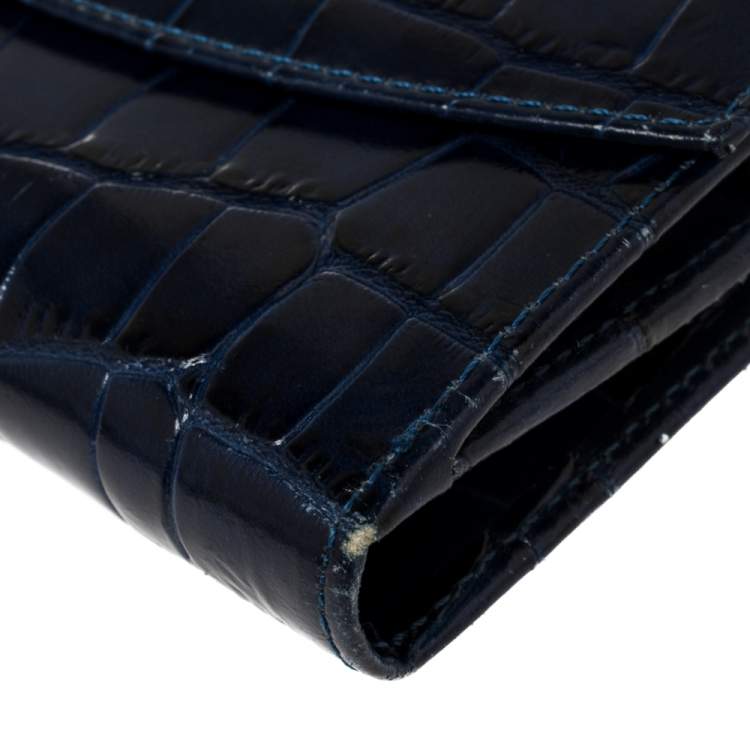 Pre Owned Aspinal Of London Blue Crocodile Embossed Leather Bifold Wallet