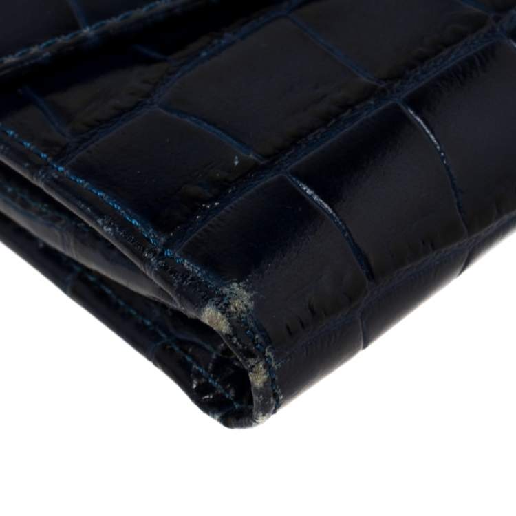 Pre Owned Aspinal Of London Blue Crocodile Embossed Leather Bifold Wallet