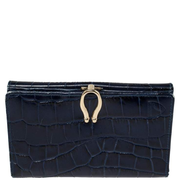 Pre Owned Aspinal Of London Blue Crocodile Embossed Leather Bifold Wallet