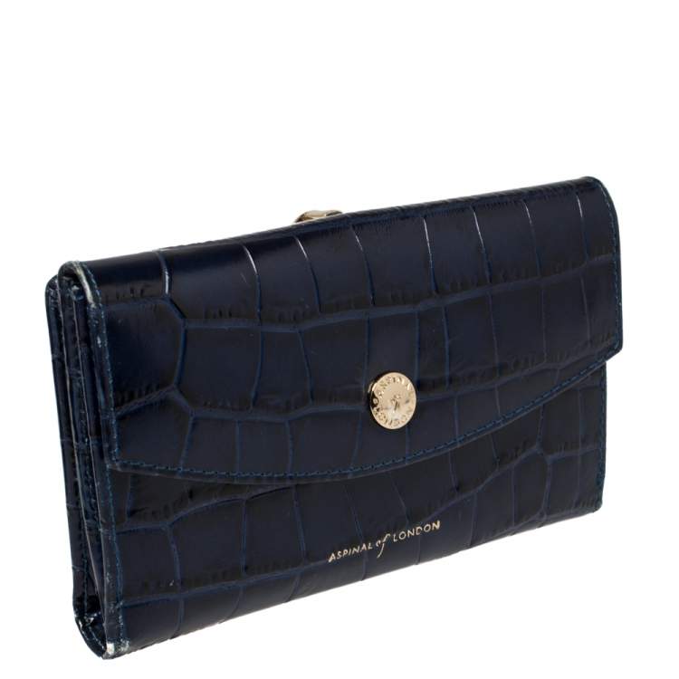 Pre Owned Aspinal Of London Blue Crocodile Embossed Leather Bifold Wallet