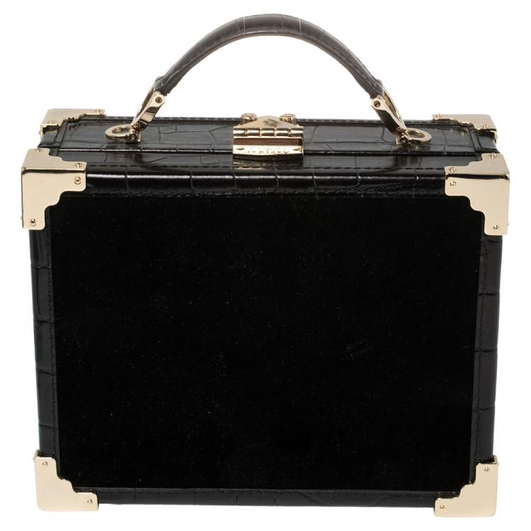 Pre Owned Aspinal of London Black Croc Emboosed Leather and Velvet Trinket Top Handle Bag 