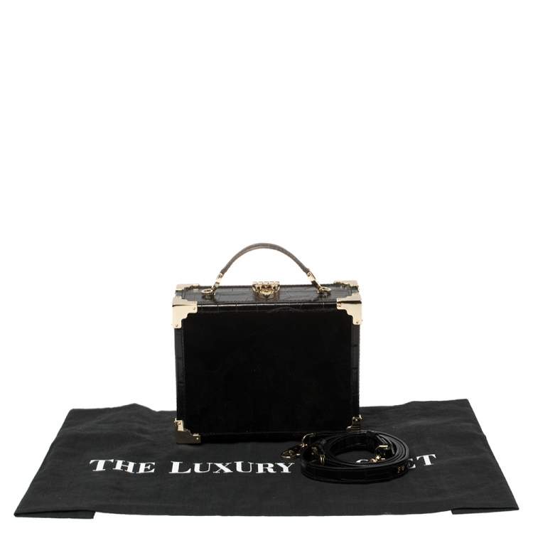 Pre Owned Aspinal of London Black Croc Emboosed Leather and Velvet Trinket Top Handle Bag 