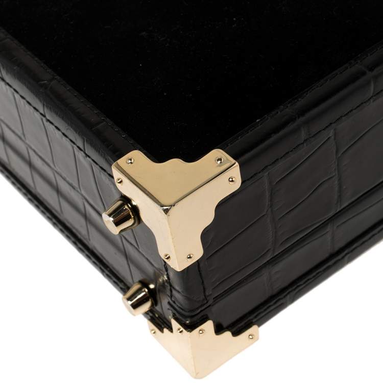 Pre Owned Aspinal of London Black Croc Emboosed Leather and Velvet Trinket Top Handle Bag 