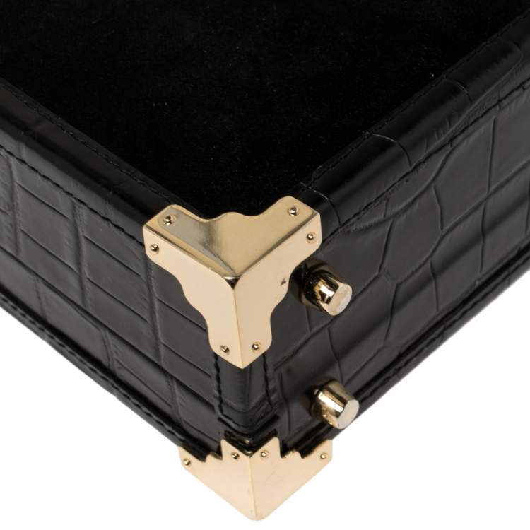 Pre Owned Aspinal of London Black Croc Emboosed Leather and Velvet Trinket Top Handle Bag 