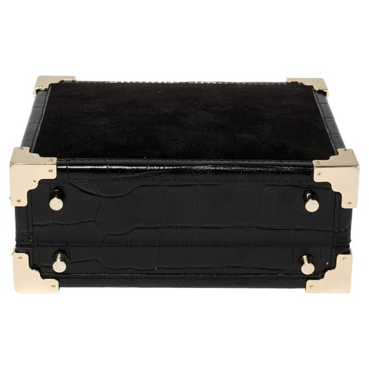 Pre Owned Aspinal of London Black Croc Emboosed Leather and Velvet Trinket Top Handle Bag 
