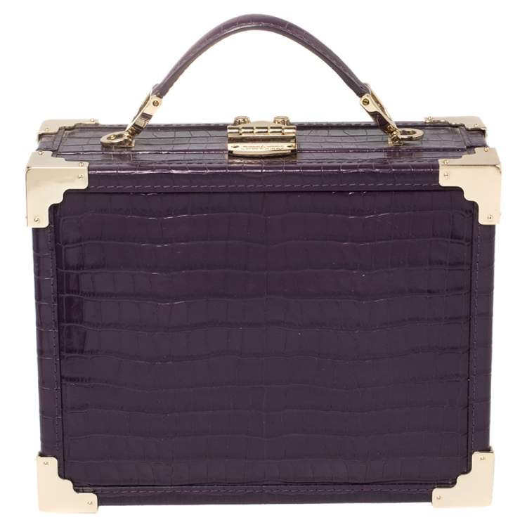 Pre Owned Aspinal Of London Purple Croc Embossed Leather Trunk Top Handle Bag