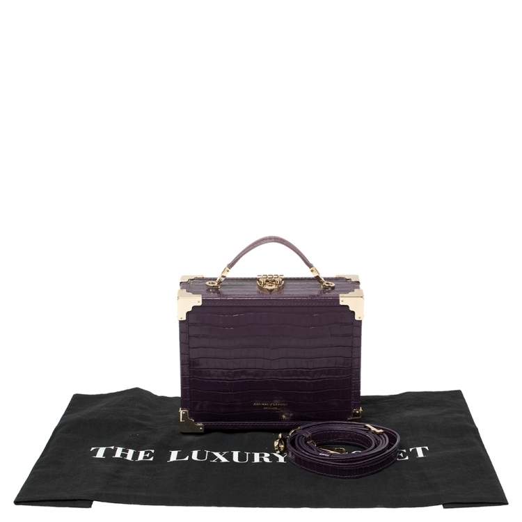 Pre Owned Aspinal Of London Purple Croc Embossed Leather Trunk Top Handle Bag