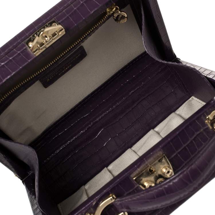 Pre Owned Aspinal Of London Purple Croc Embossed Leather Trunk Top Handle Bag