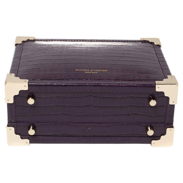 Pre Owned Aspinal Of London Purple Croc Embossed Leather Trunk Top Handle Bag