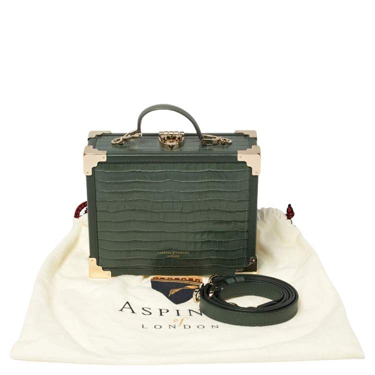 Pre Owned Aspinal of London Green Croc Embossed Leather Trinket Top Handle Bag 