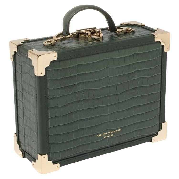 Pre Owned Aspinal of London Green Croc Embossed Leather Trinket Top Handle Bag 