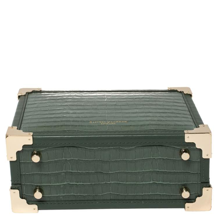 Pre Owned Aspinal of London Green Croc Embossed Leather Trinket Top Handle Bag 