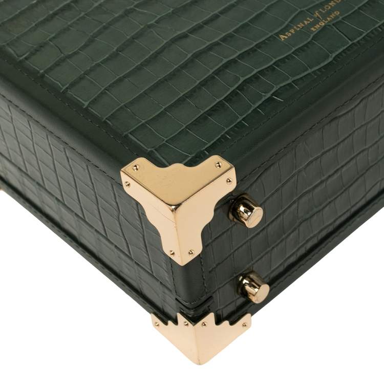 Pre Owned Aspinal of London Green Croc Embossed Leather Trinket Top Handle Bag 