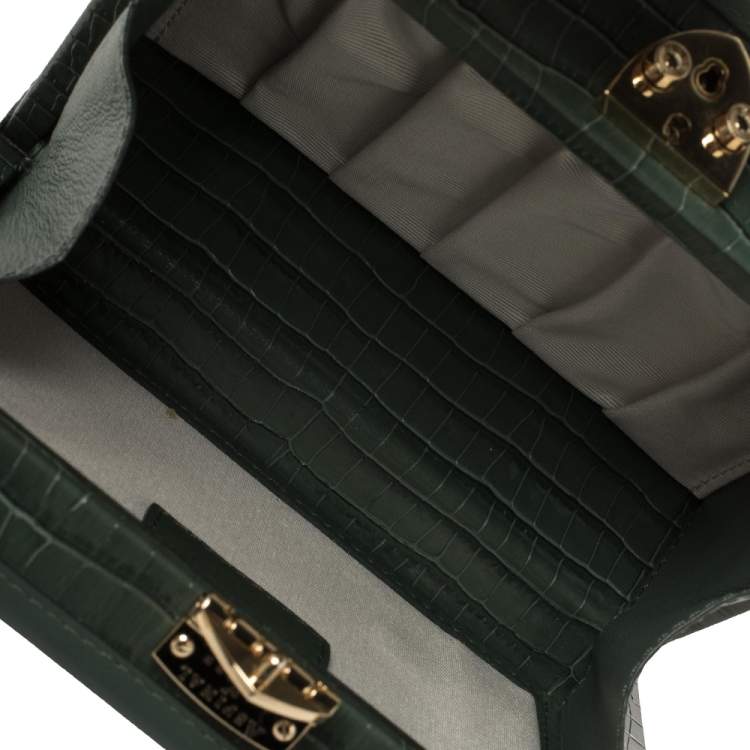 Pre Owned Aspinal of London Green Croc Embossed Leather Trinket Top Handle Bag 