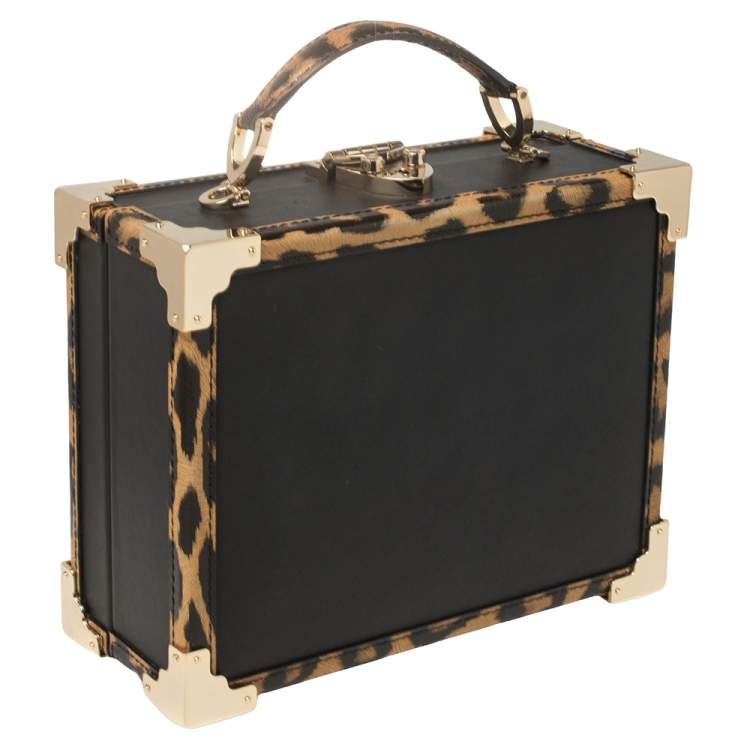 Pre Owned Aspinal Of London Black/Beige Leather and Coated Canvas Trunk Top Handle Bag
