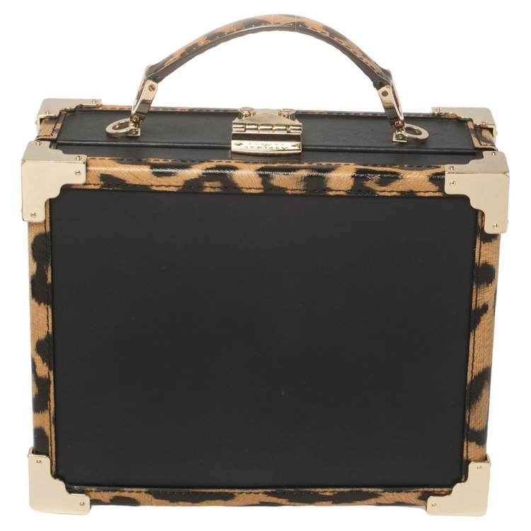 Pre Owned Aspinal Of London Black/Beige Leather and Coated Canvas Trunk Top Handle Bag