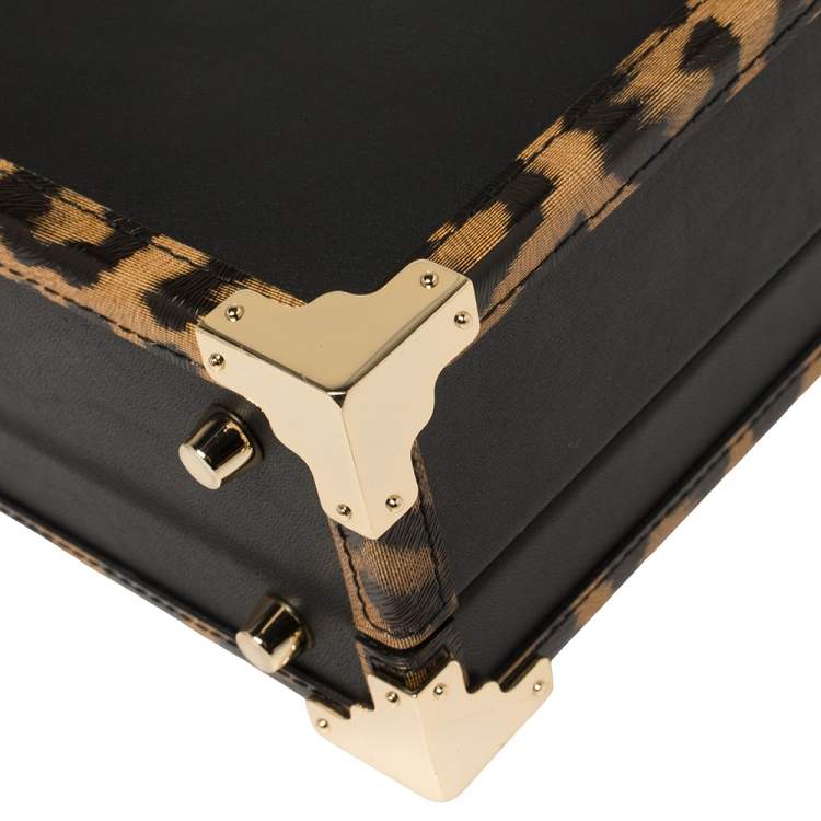 Pre Owned Aspinal Of London Black/Beige Leather and Coated Canvas Trunk Top Handle Bag