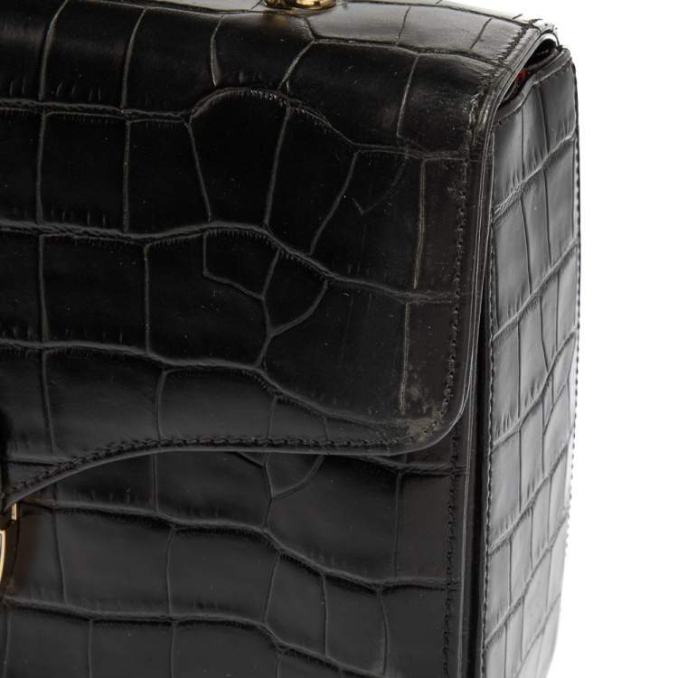Pre Owned Aspinal Of London Black Croc Embossed Leather Mayfair Top Handle Bag
