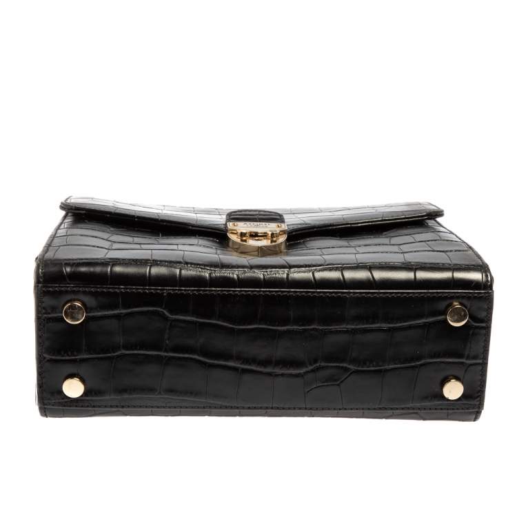 Pre Owned Aspinal Of London Black Croc Embossed Leather Mayfair Top Handle Bag