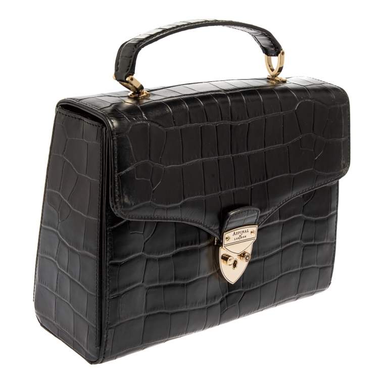 Pre Owned Aspinal Of London Black Croc Embossed Leather Mayfair Top Handle Bag