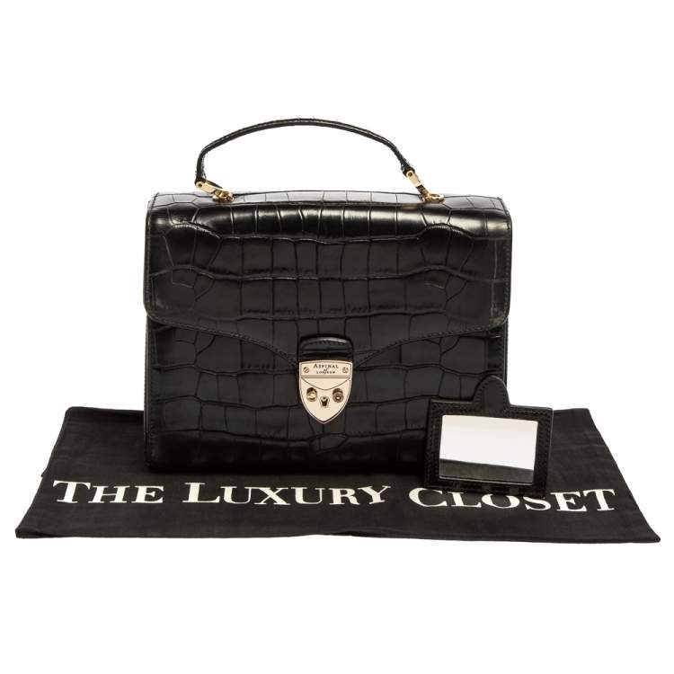 Pre Owned Aspinal Of London Black Croc Embossed Leather Mayfair Top Handle Bag
