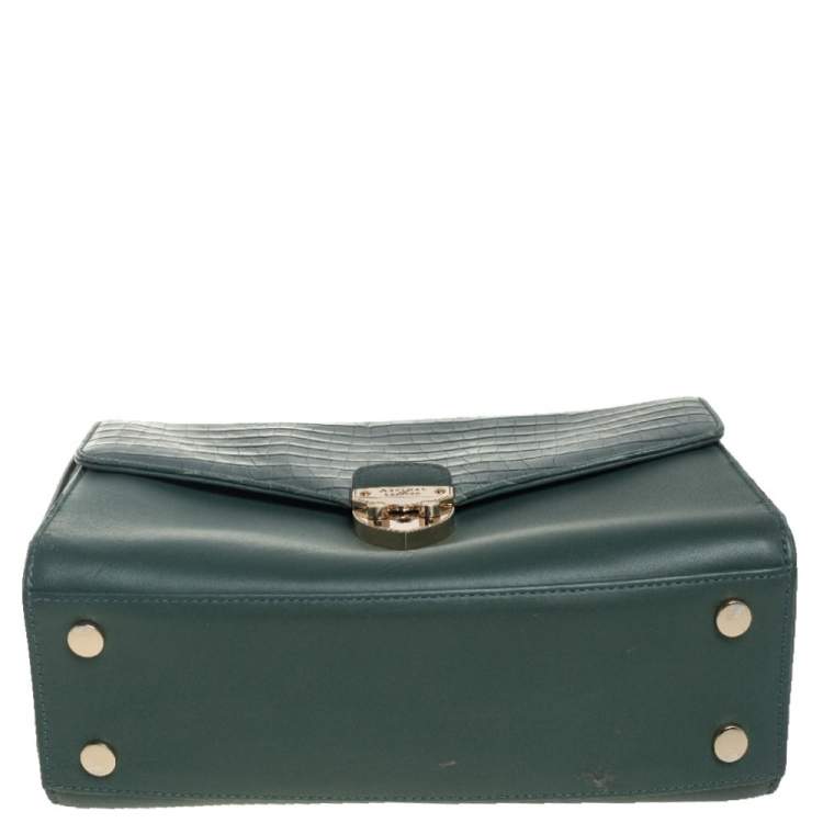 Pre Owned Aspinal Of London Green Croc Embossed and Leather Mayfair Top Handle Bag