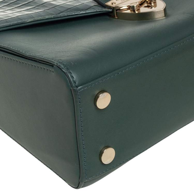 Pre Owned Aspinal Of London Green Croc Embossed and Leather Mayfair Top Handle Bag