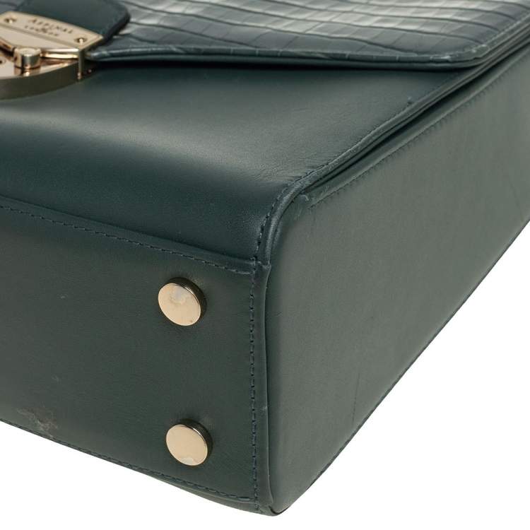 Pre Owned Aspinal Of London Green Croc Embossed and Leather Mayfair Top Handle Bag