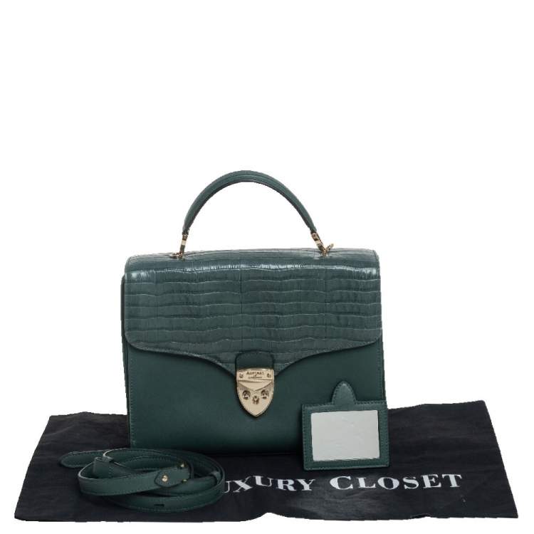 Pre Owned Aspinal Of London Green Croc Embossed and Leather Mayfair Top Handle Bag