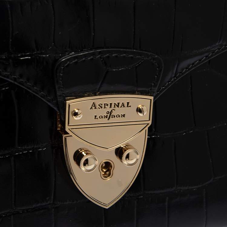 Pre Owned Aspinal Of London Black Croc Embossed Leather Chain Mayfair Shoulder Bag