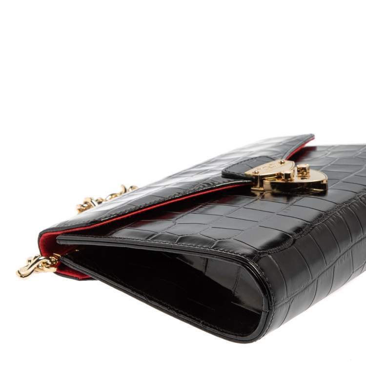 Pre Owned Aspinal Of London Black Croc Embossed Leather Chain Mayfair Shoulder Bag