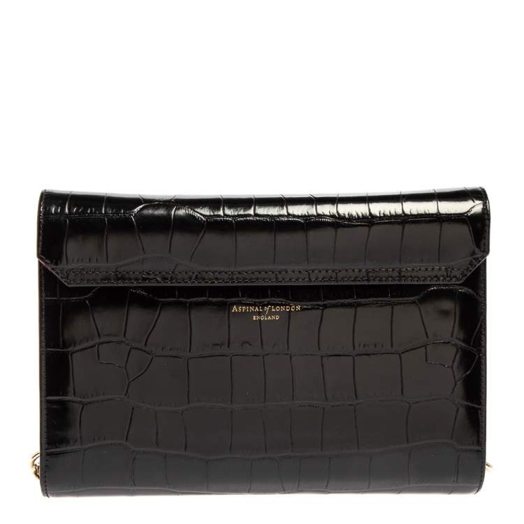 Pre Owned Aspinal Of London Black Croc Embossed Leather Chain Mayfair Shoulder Bag