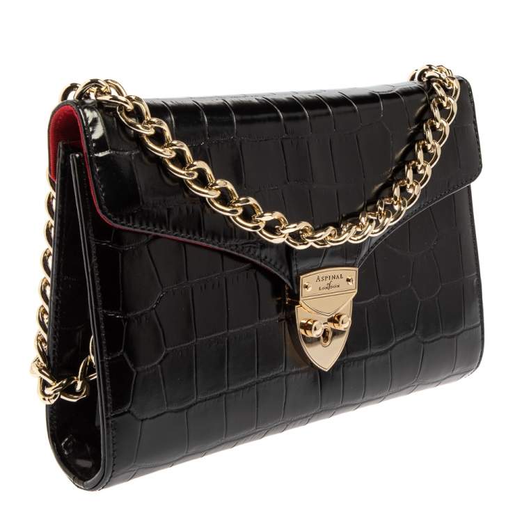 Pre Owned Aspinal Of London Black Croc Embossed Leather Chain Mayfair Shoulder Bag
