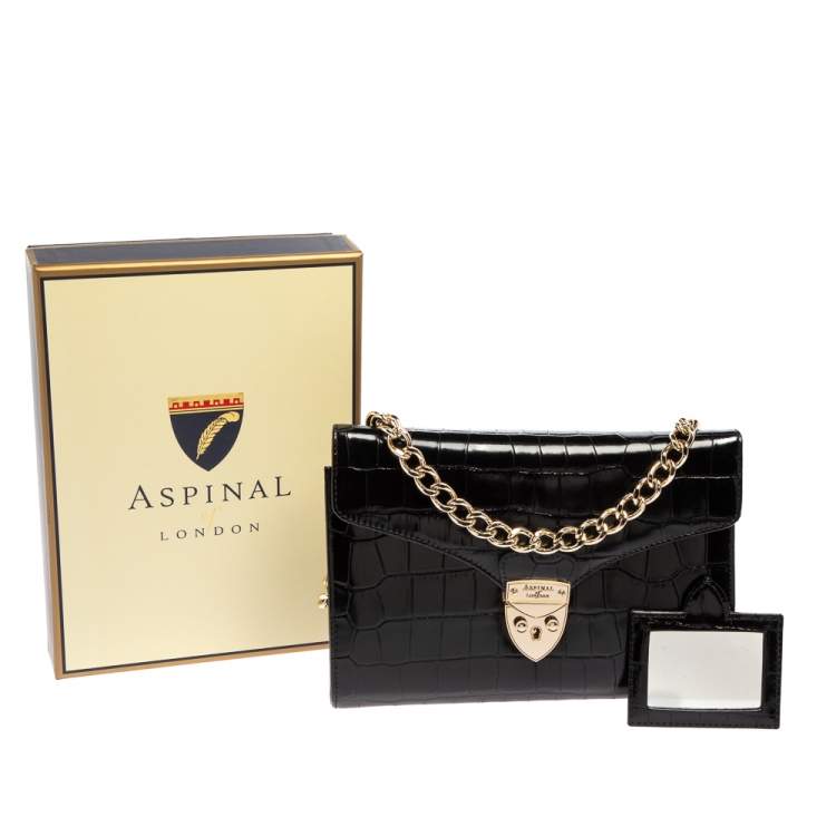 Pre Owned Aspinal Of London Black Croc Embossed Leather Chain Mayfair Shoulder Bag