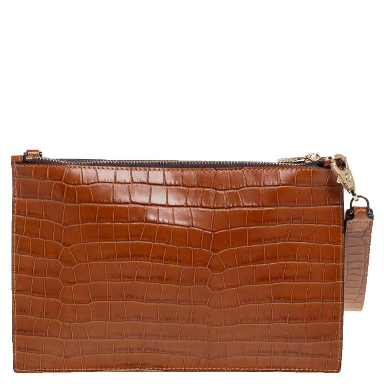 Pre Owned Aspinal Of London Brown Croc Embossed Leather Soho Wristlet Clutch