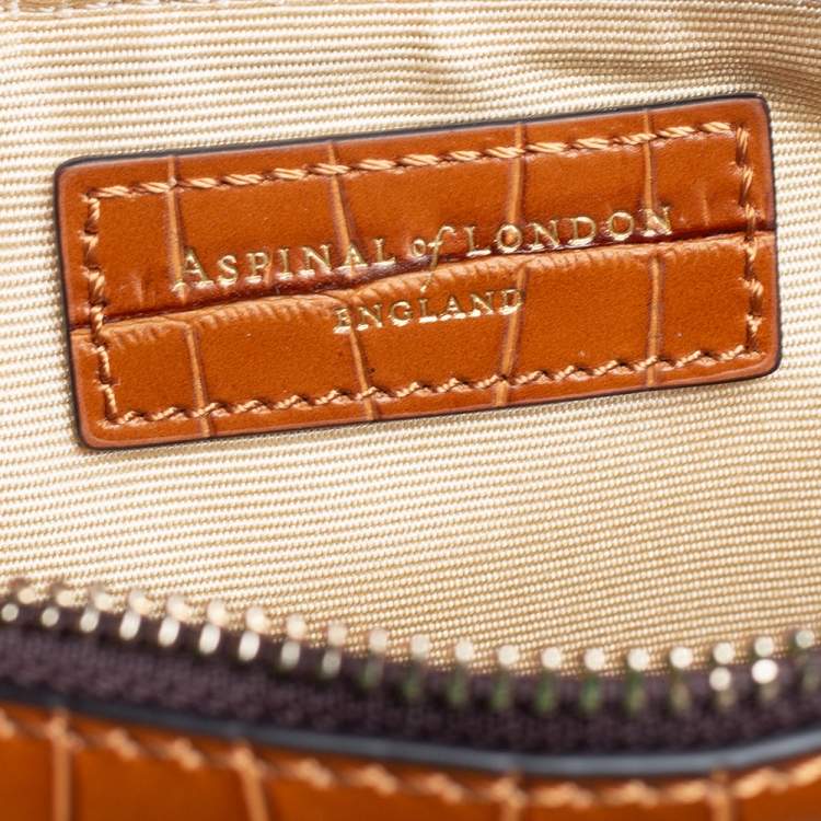 Pre Owned Aspinal Of London Brown Croc Embossed Leather Soho Wristlet Clutch