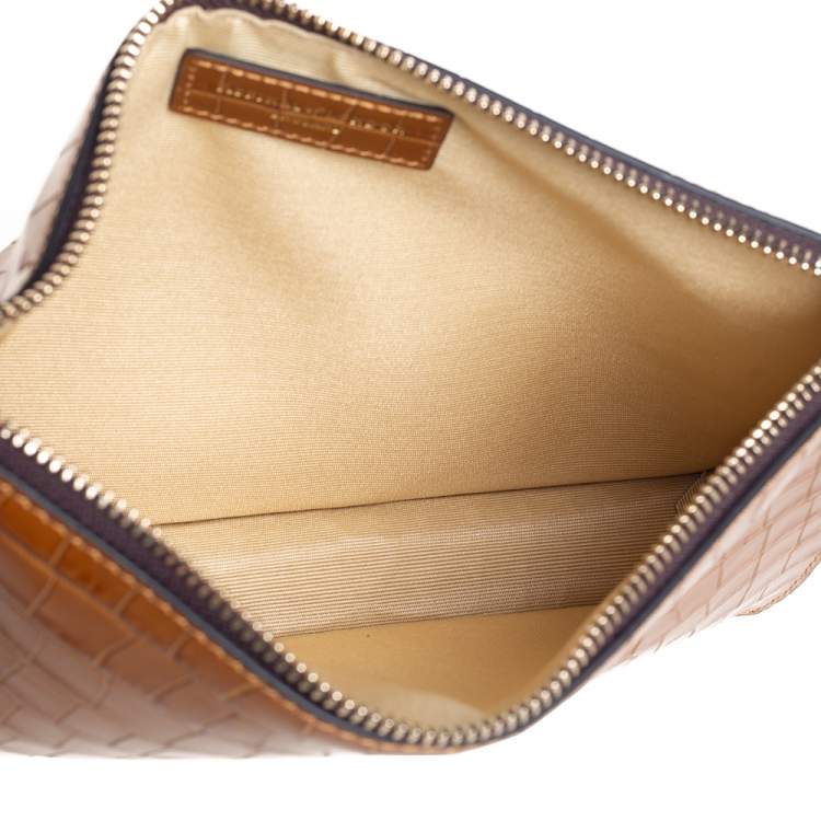 Pre Owned Aspinal Of London Brown Croc Embossed Leather Soho Wristlet Clutch